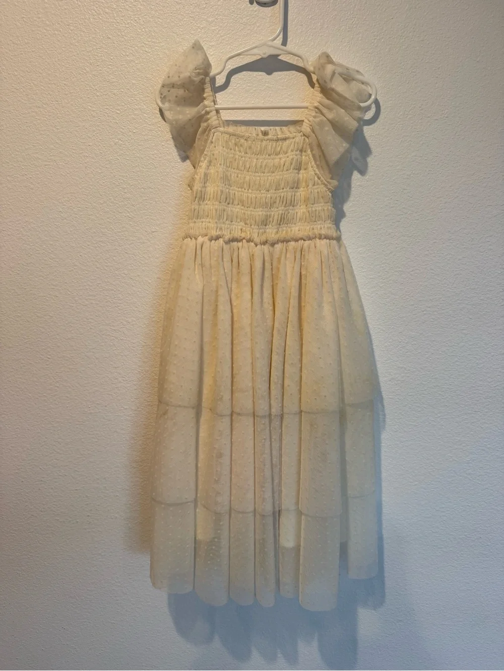 Cream Tiered Tulle Dress with Puff Sleeves for Girls